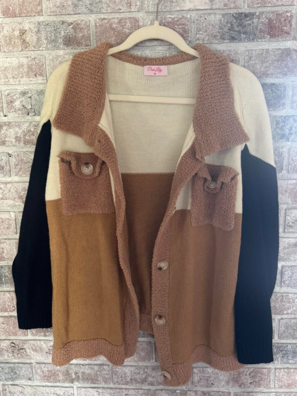 Pink Lily Colorblock Sherpa Black Beige Neutral Cardigan Shacket Women's Small